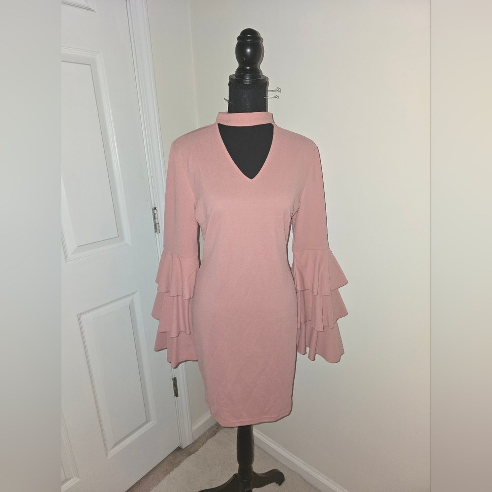 SHEIN Pink Ruffled Bell Sleeve Cocktail Dress